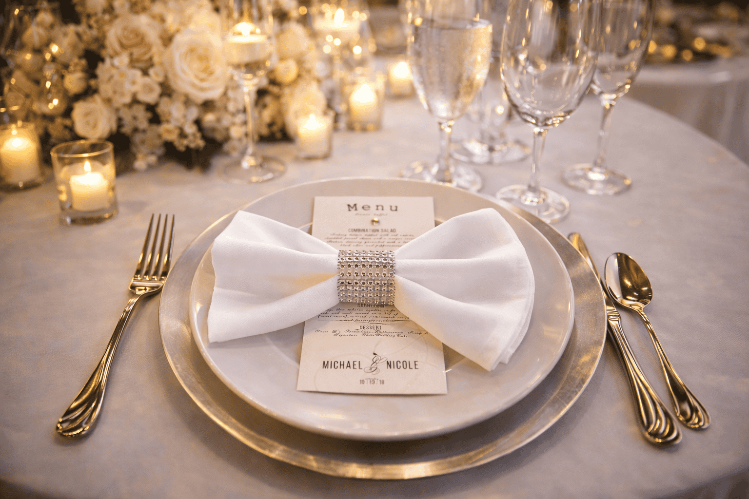 Elegant table setting detail at Pizazz Ballroom