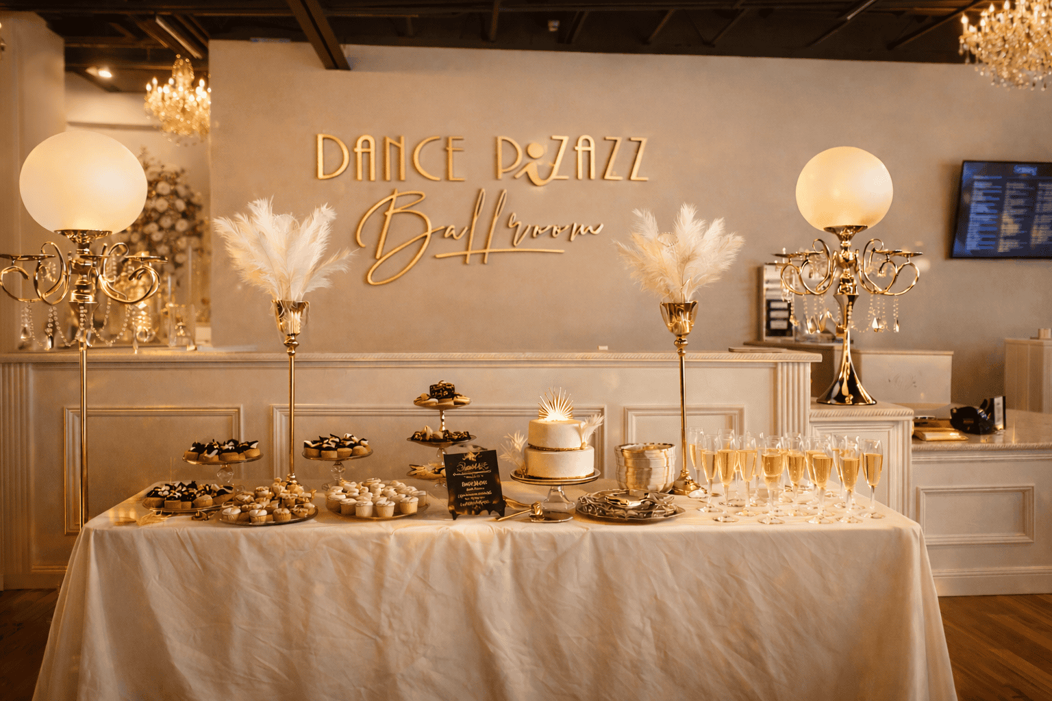Premium wedding setup at Pizazz Ballroom with Dance Pizazz sign and enhanced decorations