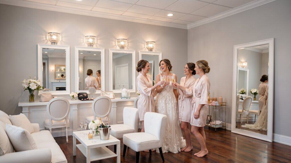 Bride and bridesmaids in the bridal suite